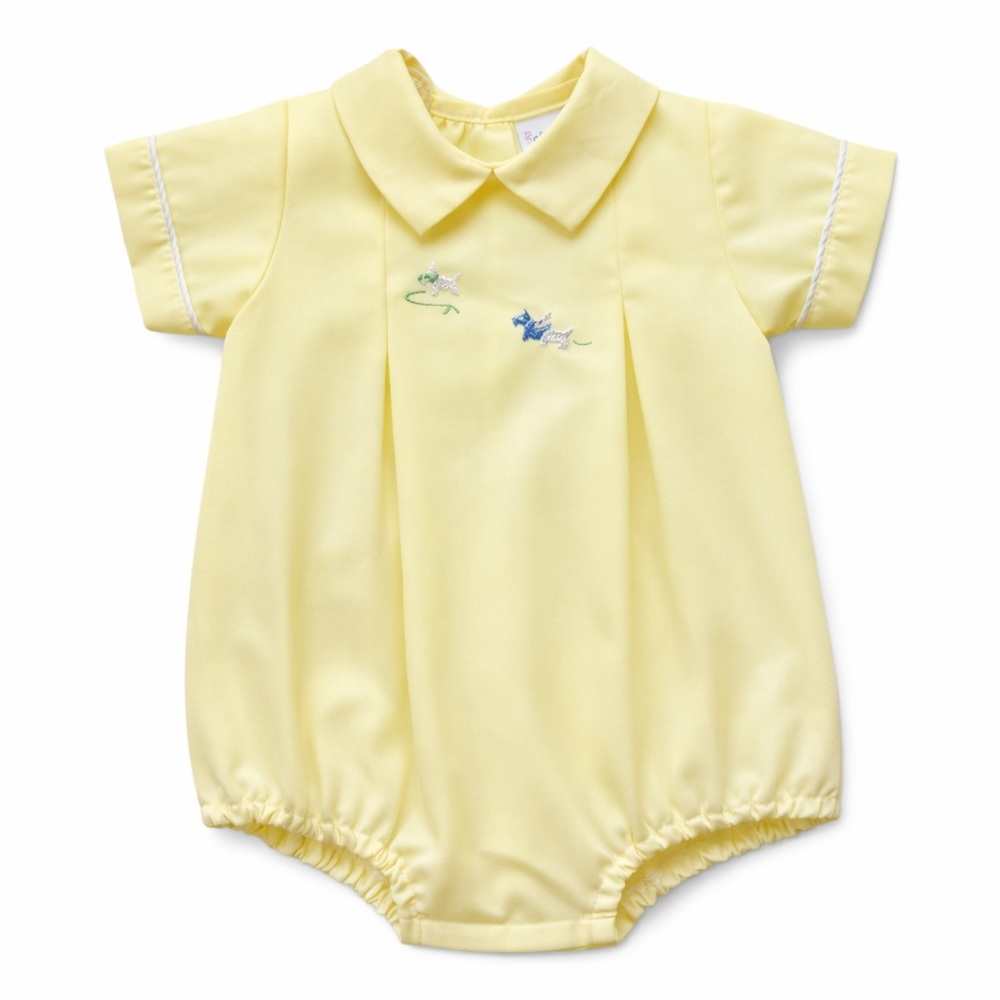 Vintage 80s Alexis Baby Romper Yellow Embroidered Puppy Bubble Heirloom